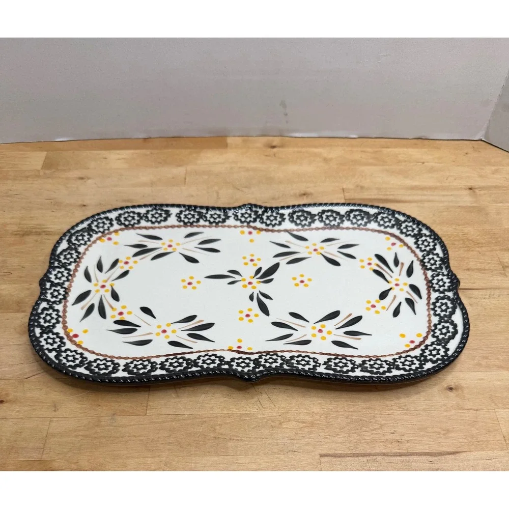 Temp-tations Old World Serving Platter Black Cream Oval Rectangular Ceramic Tray